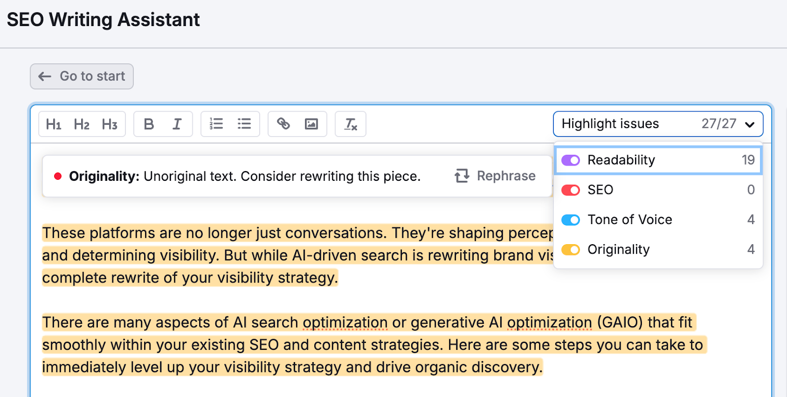 Example of the highlight feature showing a part of the text highlighted in yellow where the tool has an originality recommendation.